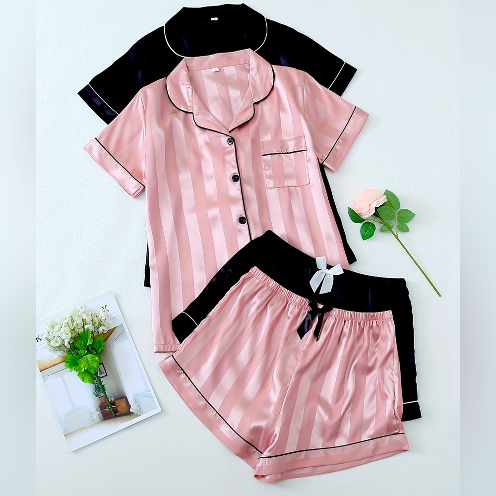 Luxurious Women's Striped Satin Pajama Sets 2 pack